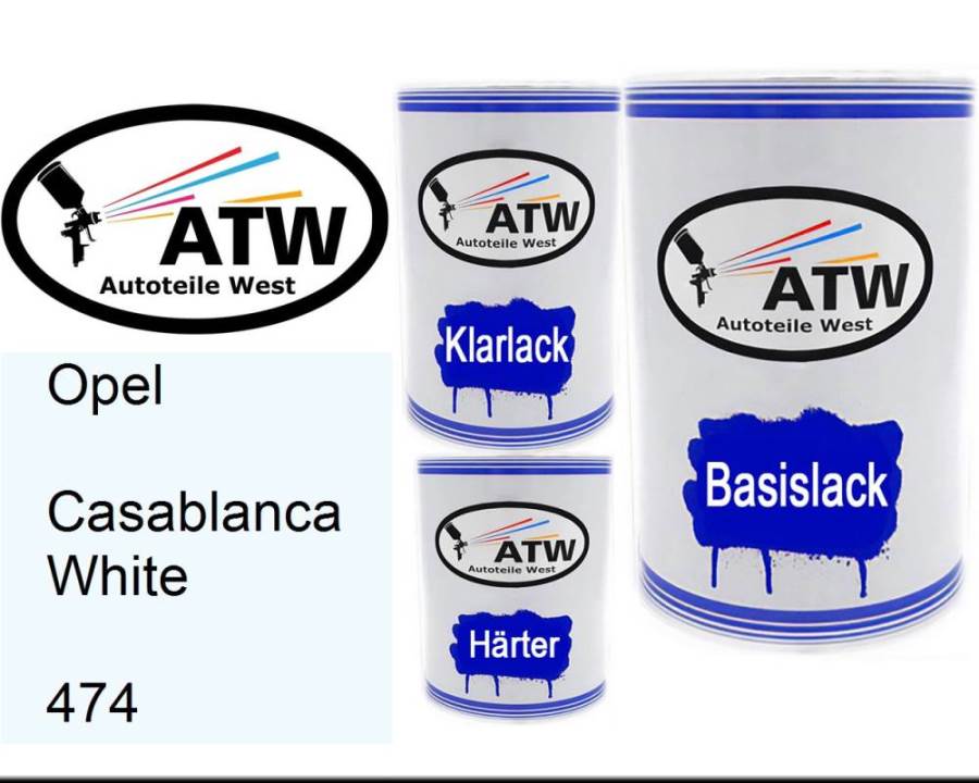 Opel, Casablanca White, 474: 500ml Lackdose + 500ml Klarlack + 250ml Härter - Set, von ATW Autoteile West.
